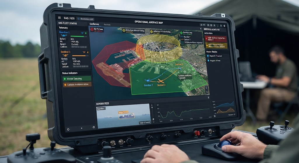 Ground control station user interface showing airspace geofencing and collision avoidance flight paths