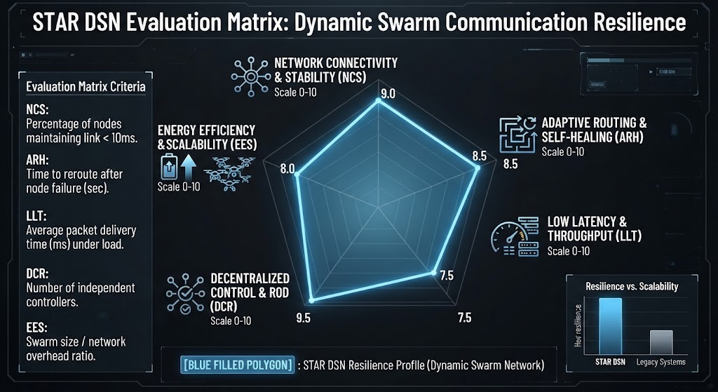 Radar chart displaying STAR DSN evaluation matrix metrics for dynamic swarm communication resilience