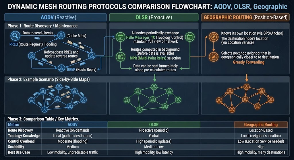 Flowchart illustrating dynamic mesh routing protocols comparing AODV OLSR and geographic routing