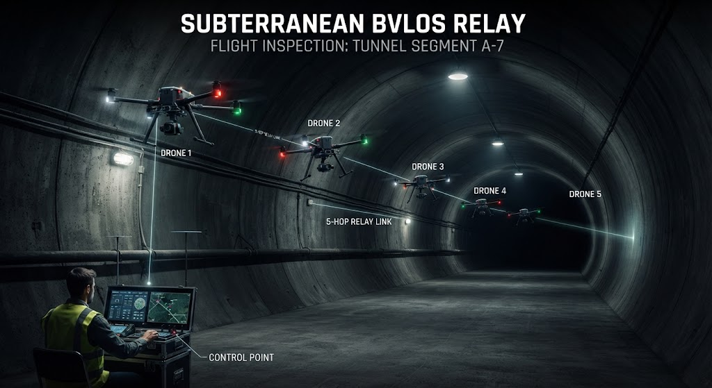 Subterranean 5 hop BVLOS drone relay flight inspection through a concrete underground tunnel