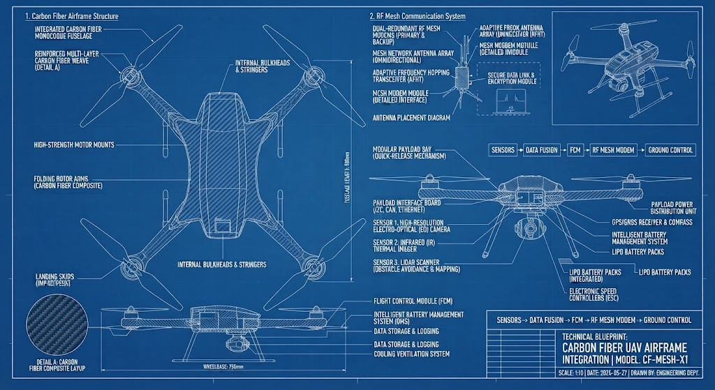 Technical blueprint detailing carbon fiber UAV airframe integrating RF mesh modems and modular payload sensors