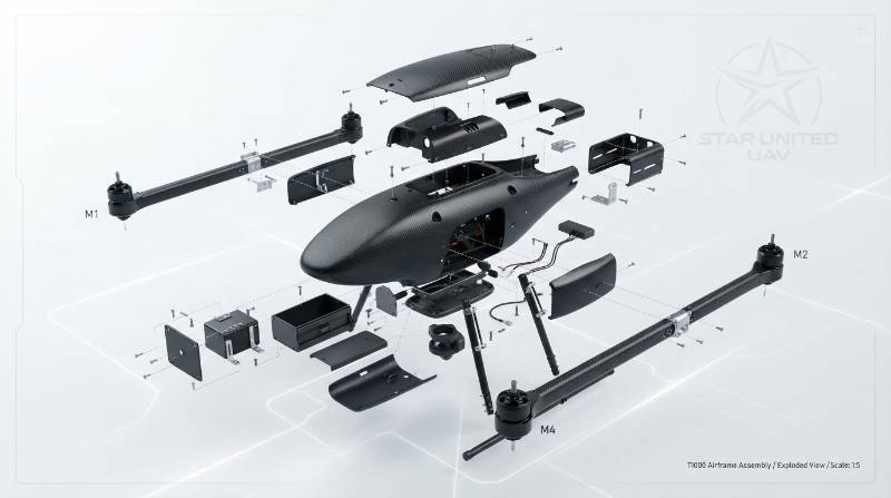 Exploded View CAD Assembly of T1000 Carbon-Fiber Monocoque Airframe for defense grade heavy lift drone