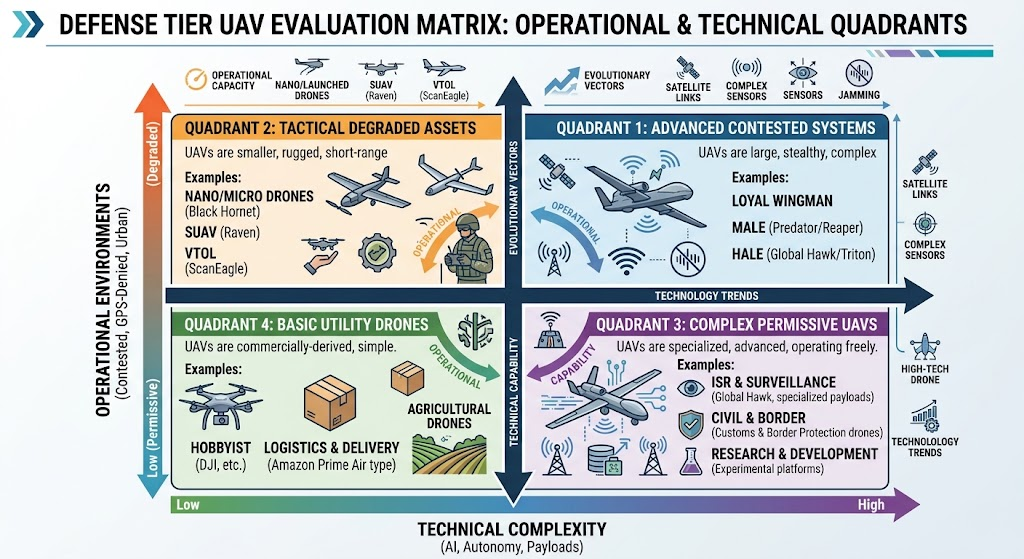 Defense Tier UAV Evaluation Matrix Vector Diagram showing four operational technical quadrants