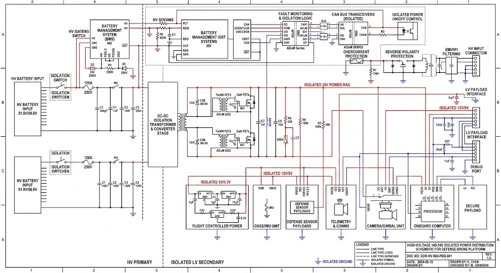 High-Voltage 14S 24S Isolated Power Distribution Schematic for defense drone platform