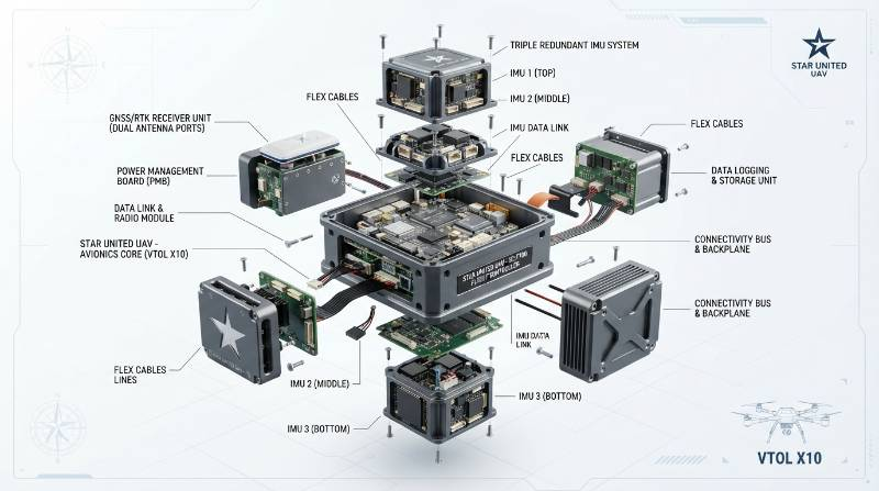 Exploded CAD view of enterprise VTOL drone modular avionics core and triple IMU