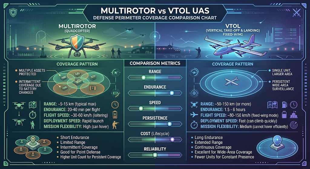Multirotor vs VTOL Defense Perimeter Coverage Comparison Chart graphic illustration