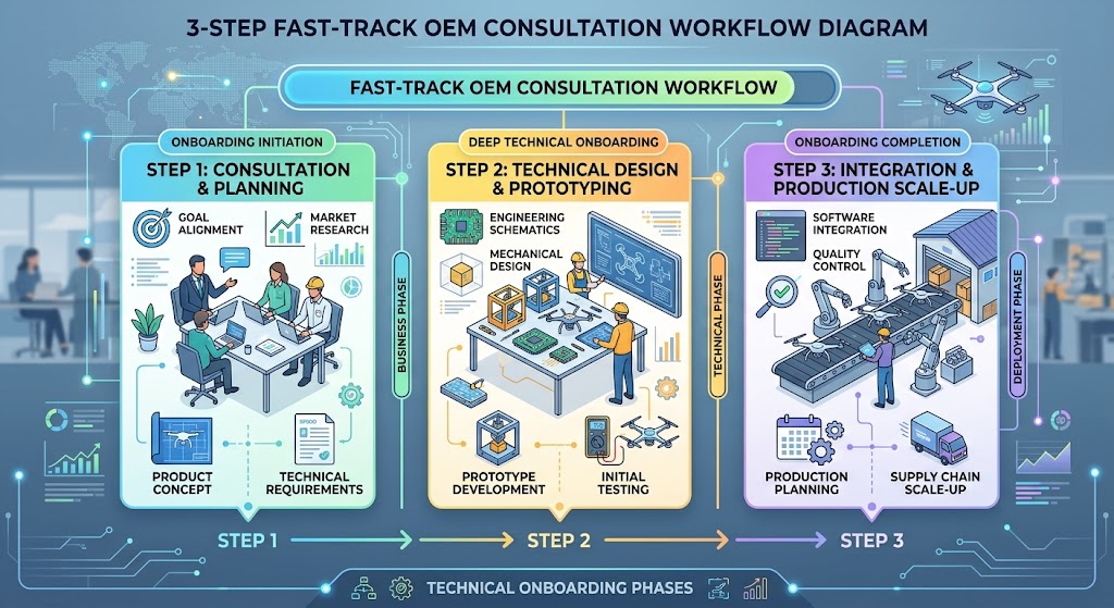 3-Step Fast-Track OEM Consultation Workflow Diagram showing technical onboarding phases