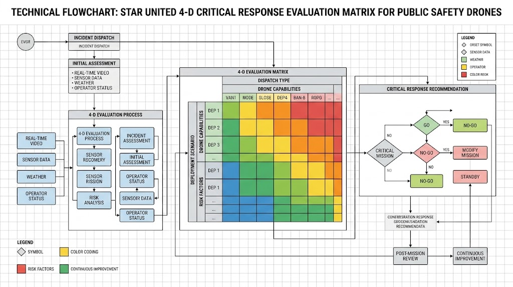 Technical flowchart detailing the Star United 4-D Critical Response evaluation matrix for public safety drones