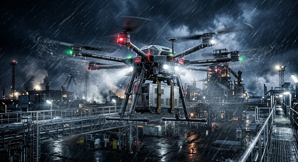 Heavy-lift industrial multirotor drone operating in freezing driving rain and high winds at night