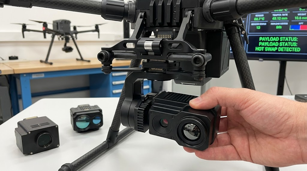 Quick release drone payload mechanism showing thermal camera and laser rangefinder hot swap