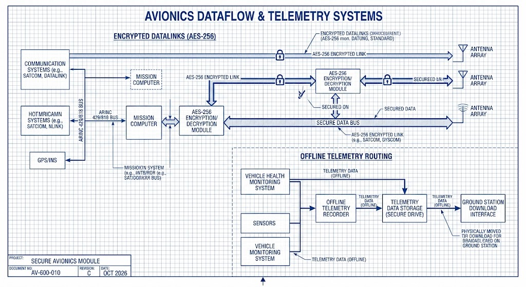 Avionics blueprint illustrating AES-256 encrypted datalinks and offline telemetry routing