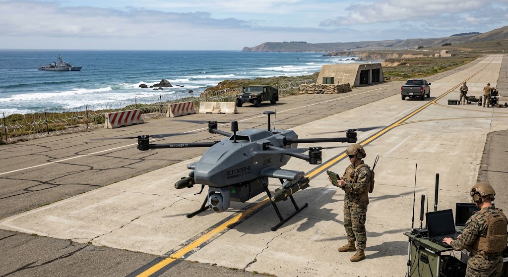 Tactical unmanned aerial vehicle deployed on coastal airfield prepared for defense mission