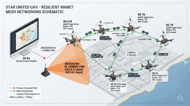 Technical RF engineering diagram illustrating multi-hop airborne MANET relay routing around a ground-based broadband jammer cone, annotated with RF propagation angles, link margin metrics, and signal hops between multirotors
