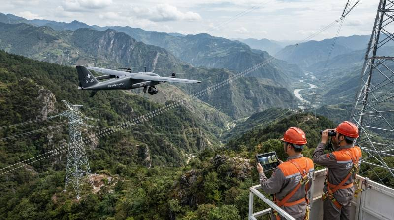 Fixed-wing VTOL drone inspecting electrical transmission lines across mountain terrain