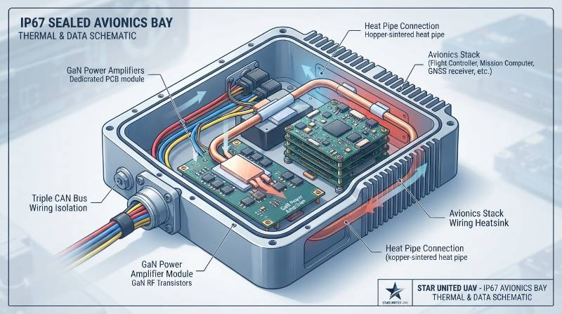 Avionics cross-section schematic showing internal layout of an IP67 sealed avionics bay, highlighting heat pipe connection between GaN power amplifiers and CNC aluminum airframe heatsinks with triple CAN bus wiring isolation