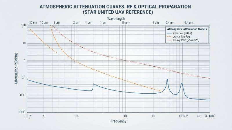 Technical line chart showing atmospheric attenuation curves in dB per km from 0.4 micrometers to 30 gigahertz under clear air, advection fog, and 25 mm per hour rainfall based on Beer-Lambert and ITU-R P.838 standards. Clean CAD style layout.