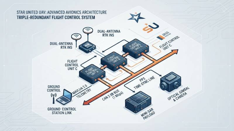 Avionics architecture blueprint diagram showing triple-redundant flight controller, dual-antenna RTK INS, CAN 2.0B bus at 1 Mbps, MAVLink 2.0 telemetry interface, and PPS time-sync line linked to a mini-SAR payload and optical gimbal.