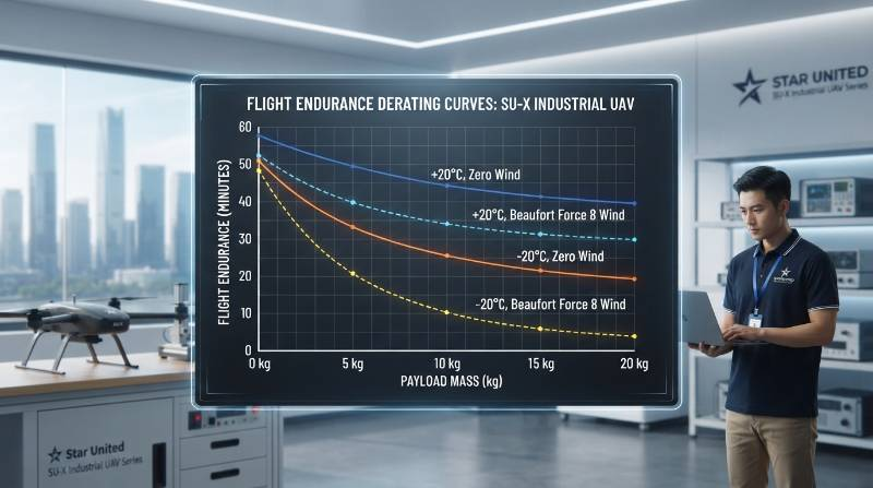 Engineering line graph showing UAV flight endurance in minutes plotted against payload mass in kilograms from 0 to 20 kg, displaying separate derating curves for ambient temperature at +20C versus -20C, and zero wind versus Beaufort Scale 8 sustained wind.