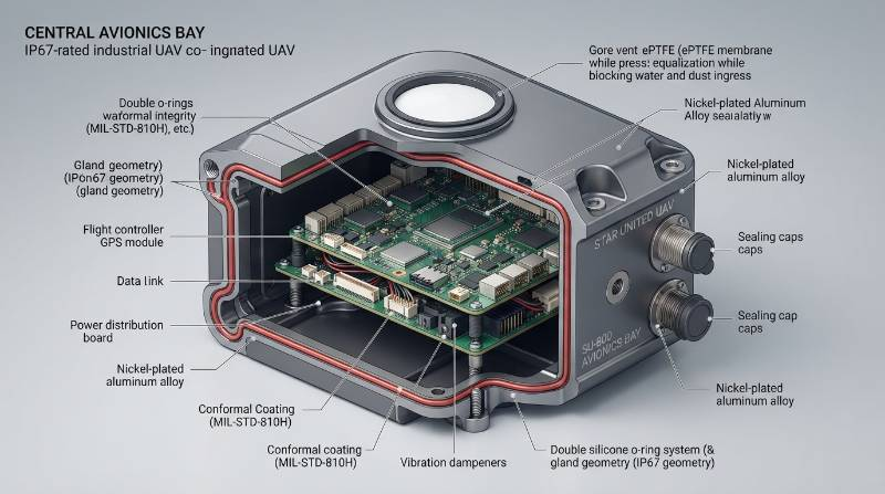 Cross-sectional CAD technical drawing of an IP67-rated UAV central avionics bay, illustrating double silicone o-ring seals, Gore vent ePTFE membrane, nickel-plated aluminum shielding, and conformal-coated internal circuit boards per MIL-STD-810H.