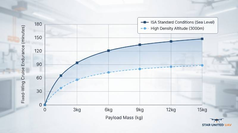Technical line chart showing VTOL UAV Payload Mass in kilograms on the X-axis versus Fixed-Wing Cruise Endurance in minutes on the Y-axis, highlighting endurance curves from 0kg to 15kg under ISA standard conditions versus high density altitude at 3000m.