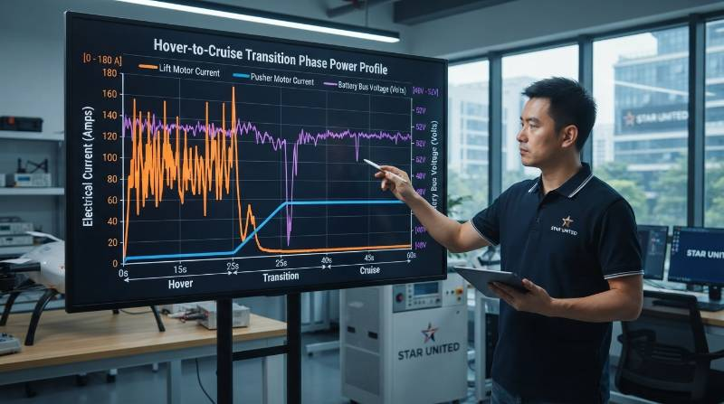 Detailed engineering graph showing Hover-to-Cruise Transition Phase Power Profile, with concurrent lift motor and pusher motor electrical current demand over a 60-second operational timeline, identifying battery bus voltage sag and peak transient discharge spikes.