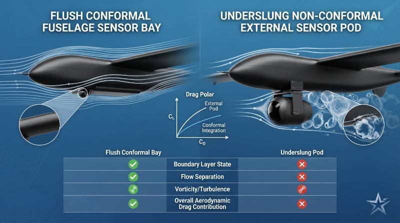 erodynamic drag polar comparison table diagram contrasting a flush conformal fuselage sensor bay against an underslung non-conformal external sensor pod on a carbon-fiber VTOL UAV airframe, showing boundary layer flow separation and turbulent vortices.